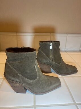 Vince Camuto Olive Suede Ankle Booties with Stacked Heel